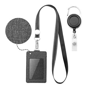 life-mate badge holder – leather id card holder wallet case with 3 cards slot and neck lanyard/strap. additional retractable badge reel with belt clip (black, linen finish)