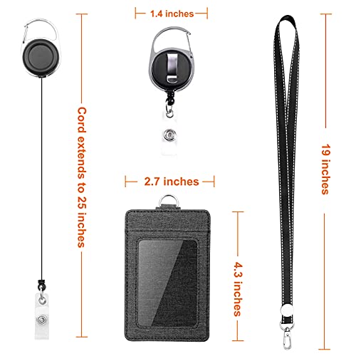 Life-Mate Badge Holder - Leather ID Card Holder Wallet Case with 3 Cards Slot and Neck Lanyard/Strap. Additional Retractable Badge Reel with Belt Clip (Black, Linen Finish)