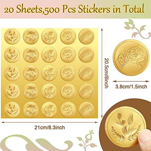 500 Pieces Gold Embossed Envelope Seals Stickers Adhesive Seal Stickers Vintage Embossed Foil Certificate Seal Plant DIY Labels for Wedding Invitations Envelopes, 5 Patterns (Flower Style)