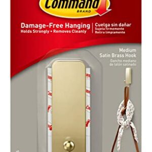 Command Medium Decorative Wall Hooks, Damage Free Hanging Wall Hooks with Adhesive Strips, No Tools Wall Hooks for Hanging Decorations in Living Spaces, 1 Satin Brass Hook and 2 Command Strips