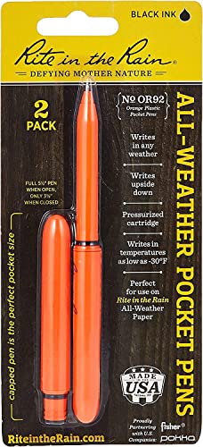 Rite in the Rain All-Weather EDC Pen, Orange POKKA 2-Pack, Black 0.9mm Ink, Fine Point (No. OR92)