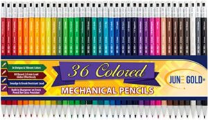 june gold 36 assorted colored 2.0 mm mechanical pencils, bold thickness, 36 unique colors, built in sharpeners