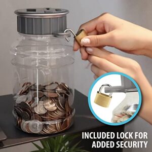 Locking Digital Coin Bank Savings Jar - Pennies Nickles Dimes Quarter Half Dollar Change Counter | Clear Jar with LCD Display