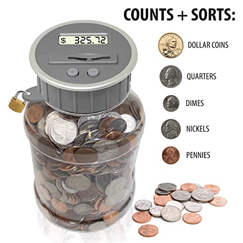 Locking Digital Coin Bank Savings Jar - Pennies Nickles Dimes Quarter Half Dollar Change Counter | Clear Jar with LCD Display