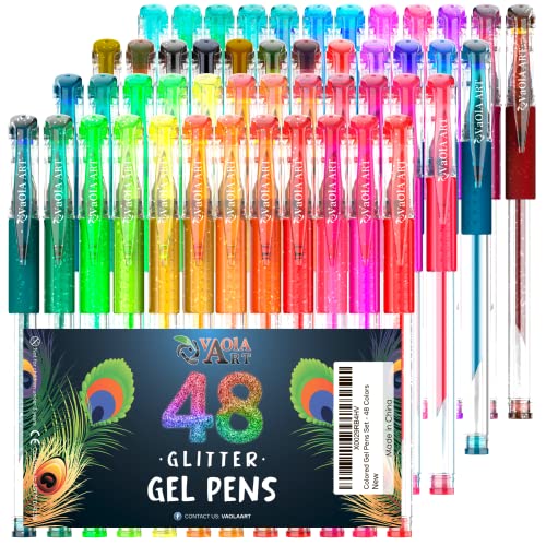 Glitter Gel Pens 48 Colors - Colored Pens for Adult Coloring - Book Pens for Women Girls and Kids - Cute Pens Set - Art Gel Pens School Supplies