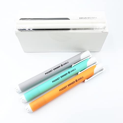 Jovely Retractable Click Pocket White Latex-Free Eraser for Pencil Writing, Portable Pen-Style Pencil Erasers, Premium Rubber Stick Eraser with 3 Assorted Barrels(with 15 Refill Erasers)