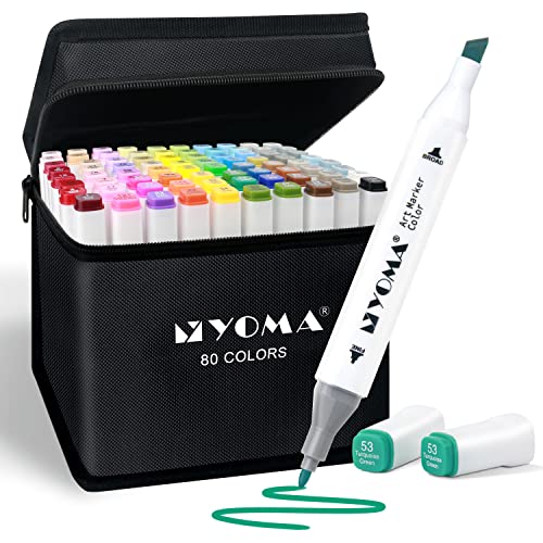 Y YOMA 80 Colors Alcohol Markers Dual Tip Markers Set, Unique Colors (1 Marker Case) Alcohol-based Ink, Fine & Chisel, White Penholder