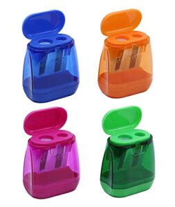4pcs manual pencil sharpener,double holes colored prism pencil sharpeners with lid for kids,suitable for school,office,home