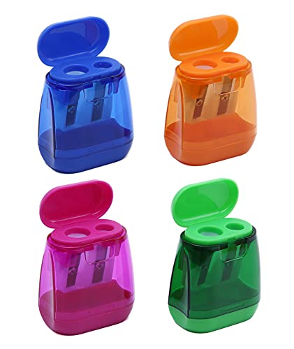 4PCS Manual Pencil Sharpener,Double Holes Colored Prism Pencil Sharpeners with lid for Kids,Suitable for School,Office,Home