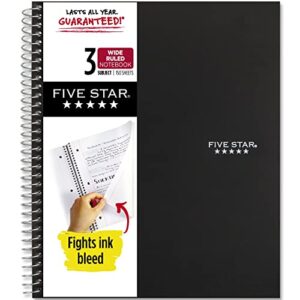 five star spiral notebook, 3-subject, wide ruled paper, 10-1/2″ x 8″, 150 sheets, black (73094)