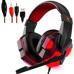 5 CORE Gaming Headset for PS4 PC One PS5 Console Controller, Noise Cancelling Microphone Over Ear Stereo Headphones with Mic, LED Light, Bass Surround, Earmuffs for Laptop Mac NES Games HDP GM1 R