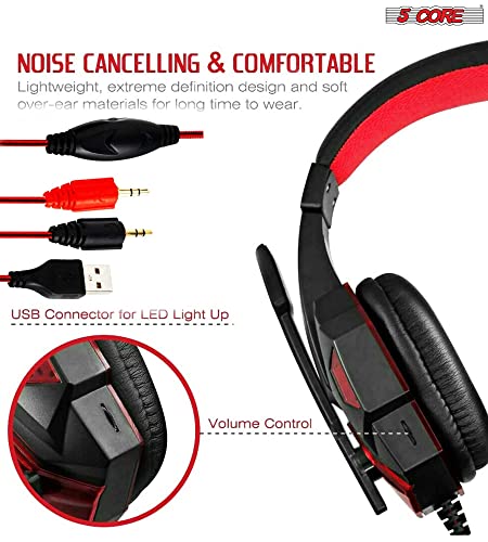 5 CORE Gaming Headset for PS4 PC One PS5 Console Controller, Noise Cancelling Microphone Over Ear Stereo Headphones with Mic, LED Light, Bass Surround, Earmuffs for Laptop Mac NES Games HDP GM1 R