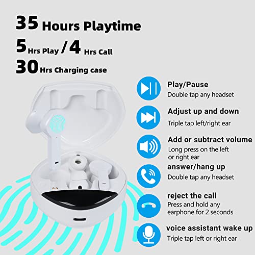 SUN RAIN Wireless Earbuds Bluetooth with Microphone Headphones 5.3 Noise Canceling 30H Playtime IPX5 Waterproof LED Power Display Headset Charging Case for Sports/Work/Game(White)