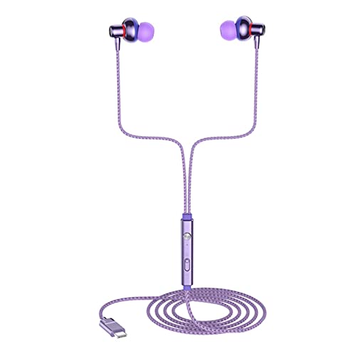 OCUhome Type C Wired Earphones, HiFi Bass Stereo Built-in Microphone Mic Headphones, Noise Cancelling Wired Earbuds Purple