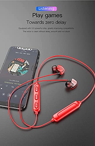 Wireless Stereo Earbuds – Neck Hanging Type Sports，HiFi Bass Stereo Running Headphones，Bluetooth 5.0，Call Function, Voice Control, Power Display,12 Hours Play Time, Built-in Microphone (Black) (RED)