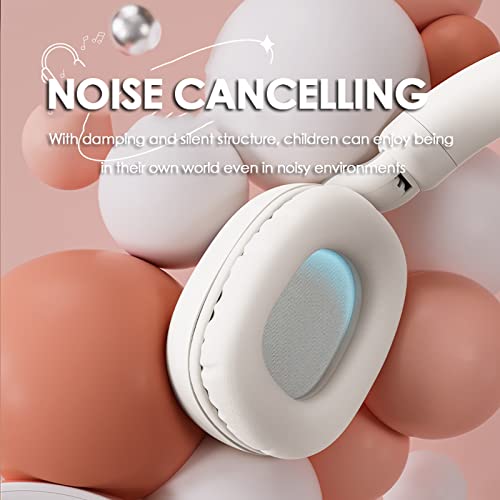 White Kids Bluetooth Headphones Wired with Microphone for School - Wireless Boy Girls Noise Cancelling Over Ear Bluetooth Headphones Foldable Children Headsets for iPad Kindle Airplane Travel Tablet