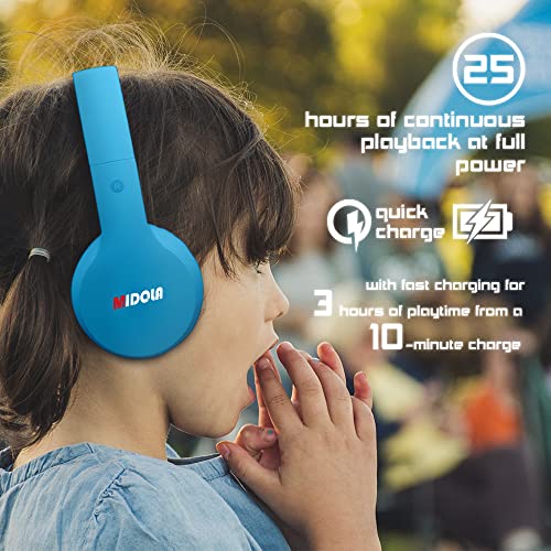 MIDOLA Headphones Bluetooth Wireless Kids Volume Limit 85dB /110dB Over Ear Foldable Noise Protection Headset AUX 3.5mm Cord Mic for Children Boy Girl Travel School Phone Pad Tablet PC Blue