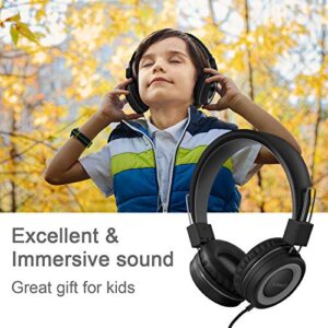 LORELEI X2 On-Ear Kids Headphones with Microphone, Lightweight Folding Stereo Bass Headphones with 1.5m Cord, Portable Wired Headphones for School Trip Airplane (Black)