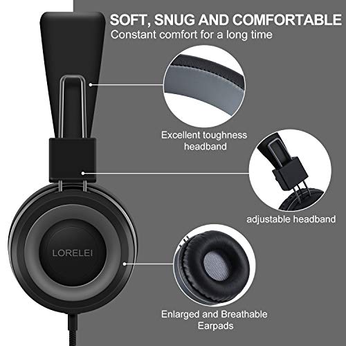 LORELEI X2 On-Ear Kids Headphones with Microphone, Lightweight Folding Stereo Bass Headphones with 1.5m Cord, Portable Wired Headphones for School Trip Airplane (Black)