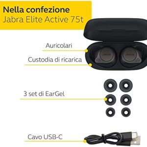 Jabra Elite Active 75t True Wireless Bluetooth Earbuds, Titanium Black – Wireless Earbuds for Running and Sport, Charging Case Included, Active Noise Cancelling Sport Earbuds (Renewed)