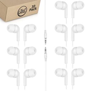 earbuds 30 pack | bulk basic earbuds, pearl white in-ear earbuds, disposable earphones, affordable headphones, 3.5 mm audio jack earbuds for schools, kids, classrooms & libraries