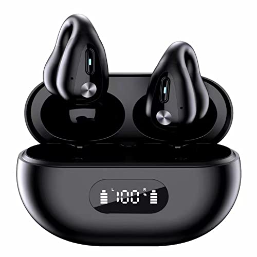 AQWEI Wireless Ear Clip Bone Conduction Headphones, Clip-Ear Headphones, Noise Canceling Digital Display Ear Clips, Bluetooth Sports Headphones (Black)