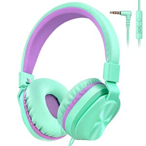 kids headphones with mic for school, 85db/94db volume limited foldable&adjustable on-ear headphones for kids boys girls, 3.5mm jack stereo wired headphones for phone, tablet, kindle, school/travel