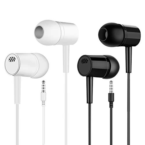 2 Packs of Black and Whlite Headphones, Stereo Wired Headphones Earbuds Sports Earphone with Microphone for Laptop Computer iPhone Samsung Huawei