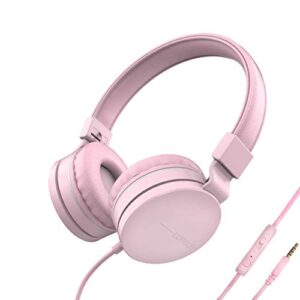 lorelei l-01 on-ear kids headphones with microphone, lightweight folding stereo bass headphones with 1.5m no-tangle cord, portable wired headphones(pink)