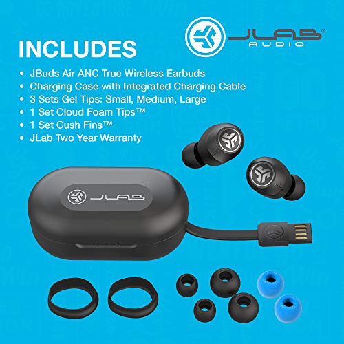 JLab JBuds Air ANC True Wireless Bluetooth Earbuds | Black | Active Noise Canceling | Low Latency Movie Mode | Dual Connect | IP55 Sweat Resistance | Custom 3 EQ Sound Settings (Renewed)