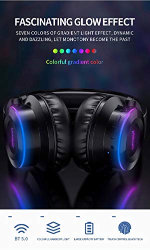 Wireless Glowing Headset Foldable Headphones Bluetooth 5.0 Fingers Touch Control with MIC TF Card 3.5mm Audio Port deep bass (Black Color)