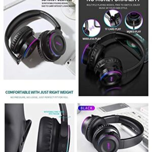 Wireless Glowing Headset Foldable Headphones Bluetooth 5.0 Fingers Touch Control with MIC TF Card 3.5mm Audio Port deep bass (Black Color)