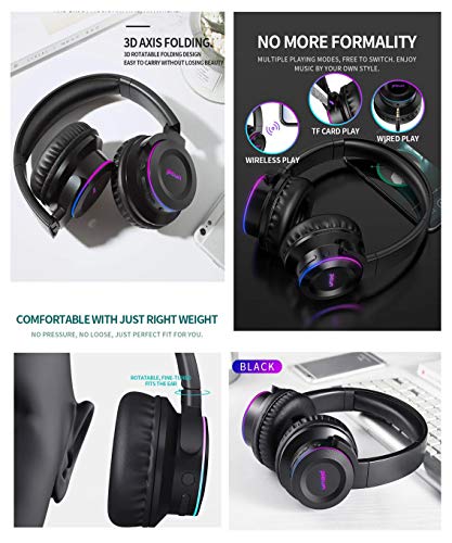 Wireless Glowing Headset Foldable Headphones Bluetooth 5.0 Fingers Touch Control with MIC TF Card 3.5mm Audio Port deep bass (Black Color)