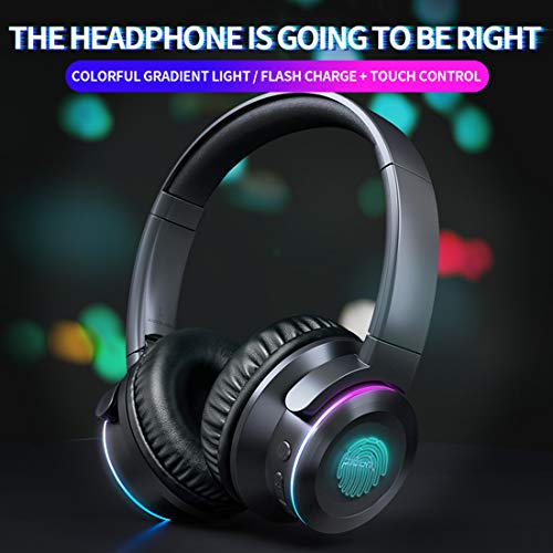 Wireless Glowing Headset Foldable Headphones Bluetooth 5.0 Fingers Touch Control with MIC TF Card 3.5mm Audio Port deep bass (Black Color)