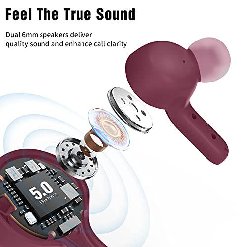 True Wireless Earbuds,with Mics Noise Reduction Touch Control Bluetooth Headphones（Claret Red）