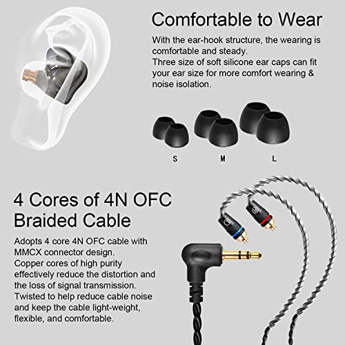 DCMEKA in Ear Monitors Amakute TK300 Over Ear Earphones, 10mm Large Unit Drive, Over 1 Magnetic Tesla, Professional Sound Isolating IEM Headphones, MMCX Cable, 3D Printing Cavity (Black, No Mic)