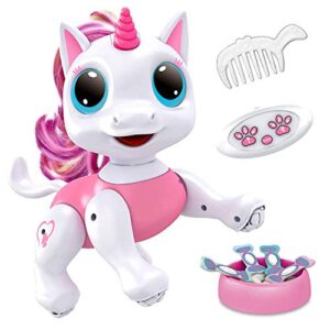 power your fun robo pets unicorn toy for girls and boys – remote control robot toy with interactive hand motion gestures, stem toy program treats, walking and dancing robot unicorn kids toy (pink)