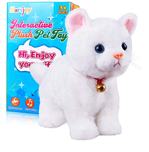 White Plush Cat Stuffed Animal Interactive Cat Robot Toy, Robotic Cat Barking Meow Kitten Touch Control, Electronic Cat Pet, Robot Cat Kitty Toy, Animated Toy Cats for Girls Baby Kids L:12" * H:8" *