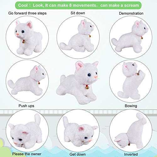 White Plush Cat Stuffed Animal Interactive Cat Robot Toy, Robotic Cat Barking Meow Kitten Touch Control, Electronic Cat Pet, Robot Cat Kitty Toy, Animated Toy Cats for Girls Baby Kids L:12" * H:8" *