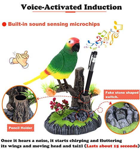 Voice-Activated Induction Birds Toy, Chirping Fluttering Simulation Parrot Birds Toys Office Desktop Home Decor Ornament Gifts for Kids Children (Green)