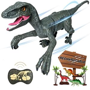 mamaboo remote control dinosaur toys for boys kids girls 3 4 5 6 7 8 years old electronic rc robot toy led lightup walking roaring velociraptor jurassic dino rechargeable raptor blue birthday gifts