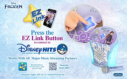 eKids Disney Frozen Karaoke Machine, Bluetooth Speaker with Microphone for Kids, Speaker with USB Port to Play Music, Easily Access Frozen Playlists with New EZ Link Feature