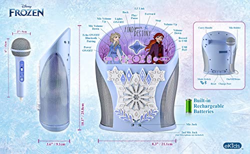 eKids Disney Frozen Karaoke Machine, Bluetooth Speaker with Microphone for Kids, Speaker with USB Port to Play Music, Easily Access Frozen Playlists with New EZ Link Feature