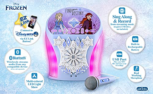 eKids Disney Frozen Karaoke Machine, Bluetooth Speaker with Microphone for Kids, Speaker with USB Port to Play Music, Easily Access Frozen Playlists with New EZ Link Feature