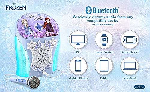 eKids Disney Frozen Karaoke Machine, Bluetooth Speaker with Microphone for Kids, Speaker with USB Port to Play Music, Easily Access Frozen Playlists with New EZ Link Feature