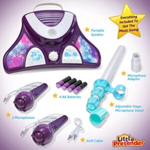 Little Pretender Kids Karaoke Machine with 2 Microphones & Adjustable Stand, Music Sing Along with Flashing Stage Lights and Pedals for Fun Musical Effects