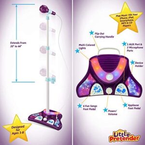 Little Pretender Kids Karaoke Machine with 2 Microphones & Adjustable Stand, Music Sing Along with Flashing Stage Lights and Pedals for Fun Musical Effects