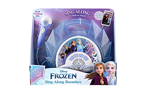 eKids Frozen Sing Along Boom Box Speaker with Microphone for Fans of Frozen Toys for Girls, Kids Karaoke Machine with Built in Music and Flashing Lights , Blue, 3.5mm Audio Jack