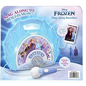 eKids Frozen Sing Along Boom Box Speaker with Microphone for Fans of Frozen Toys for Girls, Kids Karaoke Machine with Built in Music and Flashing Lights , Blue, 3.5mm Audio Jack