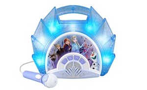 ekids frozen sing along boom box speaker with microphone for fans of frozen toys for girls, kids karaoke machine with built in music and flashing lights , blue, 3.5mm audio jack